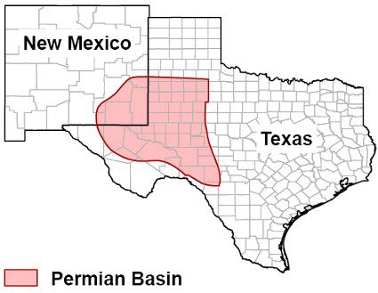 Permian Basin highlighted on state map.