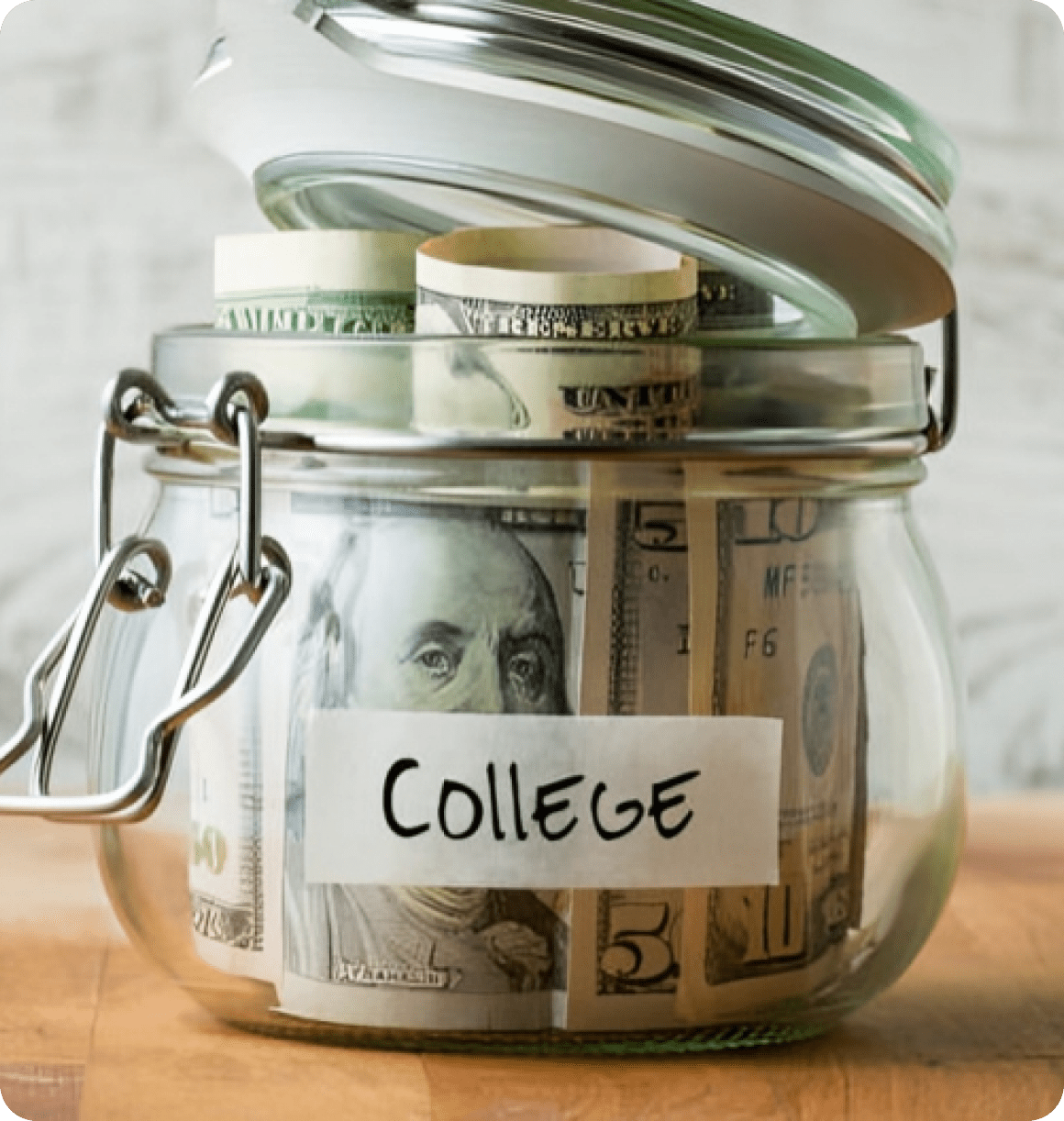 A jar filled with money labeled 'College' for savings.